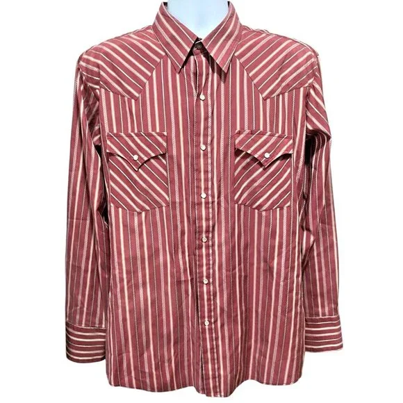 ELY Cattleman Western Shirt Mens 17 Maroon Red Stripe Rodeo Pearl Snap Long Slv - Picture 1 of 9
